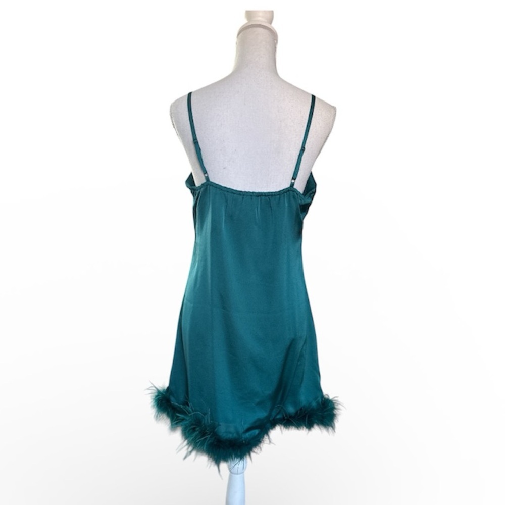 Teal Slip Dress with Feather Trim Size Large - Picture 3 of 4